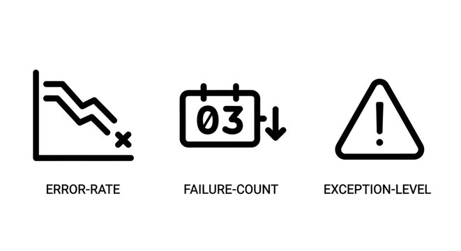 Quality control and data analysis icons showing a declining error rate graph a failure count indicator with a downward arrow an exception level warning sign exception analysis statistics