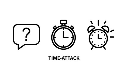Fototapeta premium Time attack concept line icons featuring a help question bubble stopwatch and ringing alarm clock for speed and urgency stopwatch question deadline management countdown information isolated
