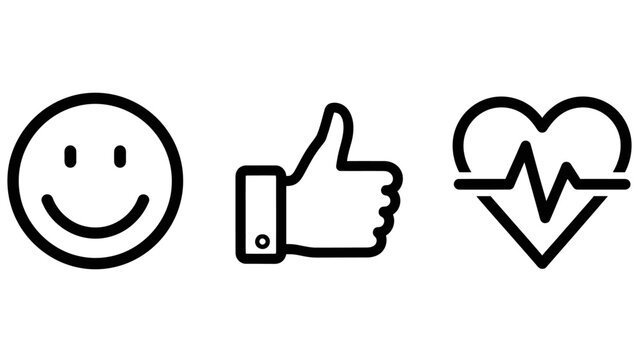 Minimalist black line icons representing happiness satisfaction and cardiovascular health featuring a smiley face thumbs up gesture and heart pulse line satisfaction wellness positive minimalist