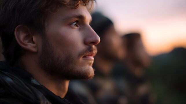 A thoughtful profile portrait of a man looking toward the dawn light while positioned with a team in the background