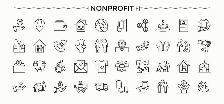 Nonprofit icon set. Donation vector icon set. Featuring donation, sponsor, charity, support, community, volunteer and more. Editable stroke.