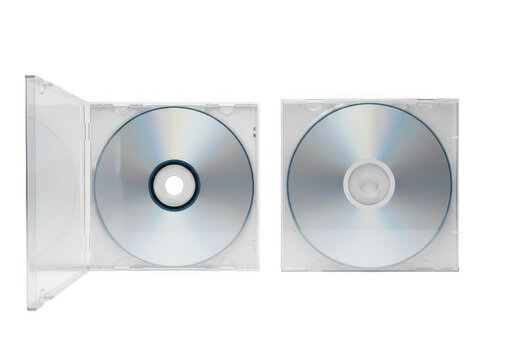 Compact discs in clear plastic cases isolated on transparent background
