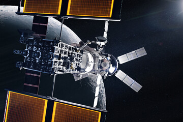 Artemis II space mission. Orion spacecraft with Moon. Elements of this image furnished by NASA. © Paopano