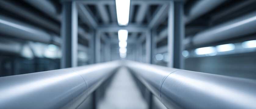 Industrial metal pipes in factory corridor