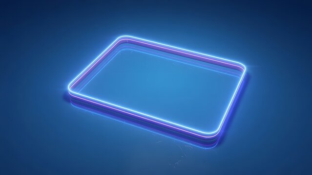 Neon blue rectangular frame with rounded corners, casting a reflection on a vibrant blue surface.