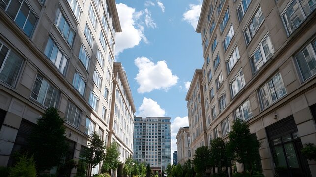 A dramatic view looking up the canyon of modern buildings under a vast bright cloudy blue sky highlighting urban verticality