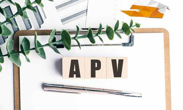 Apv text on wooden blocks over clipboard with pen and green plant finance accounting concept