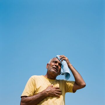 An elderly man suffering from extreme heat or heart attack under a clear blue sky, wiping sweat and clutching chest in distress and exhaustion.