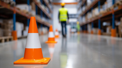 Fototapeta premium Traffic cones aligned in warehouse aisle with worker in background representing safety concept
