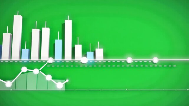 Financial chart green background bar graph line graph data visualization business analytics digital interface showing economic trend with white and blue bars circular data points timeline progress