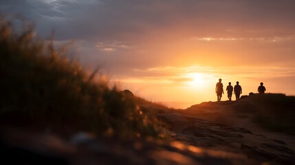 Fototapeta premium Three figures walk across a vast hilltop ridge at sunset creating dramatic silhouettes against the golden horizon