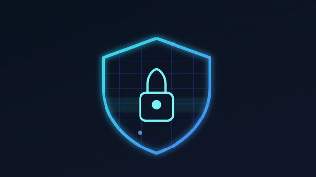 Cyber security shield icon with glowing padlock, digital data protection interface, blue neon network safety concept for corporate technology