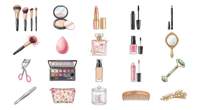 Fashion makeup accessories and cosmetics in watercolor style including brushes, perfumes, nail polish and beauty tools isolated on white background