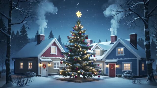 Enjoy holiday lights and decorations at homes with Christmas trees and snow on rooftops at night