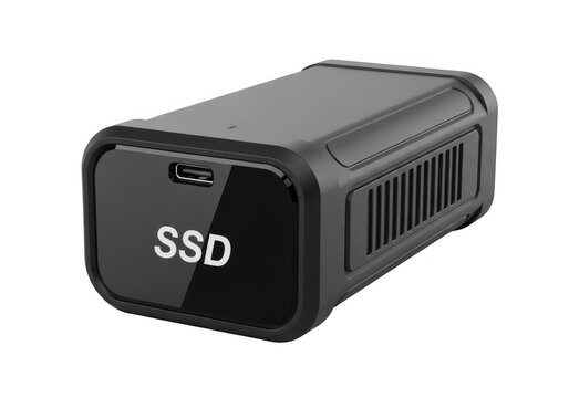 Compact external ssd storage device with usb connectivity isolated on transparent background