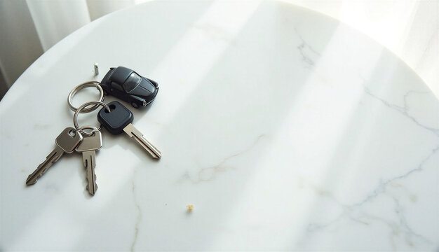 Car keys with a keychain on a light table with space for text