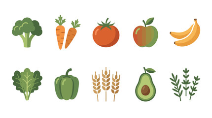 Fototapeta premium Fresh food icon pack including broccoli, carrots, and avocado on a white background for healthy eating.