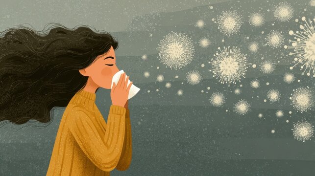 Woman sneezes due to seasonal allergies while pollen floats in the air during springtime outdoors