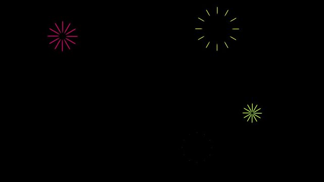 Colourful fireworks explosion line shape blast and sparks blast line, explosion with circle bursting effects, shiny, firework circle element on black screen background. 4K video animation