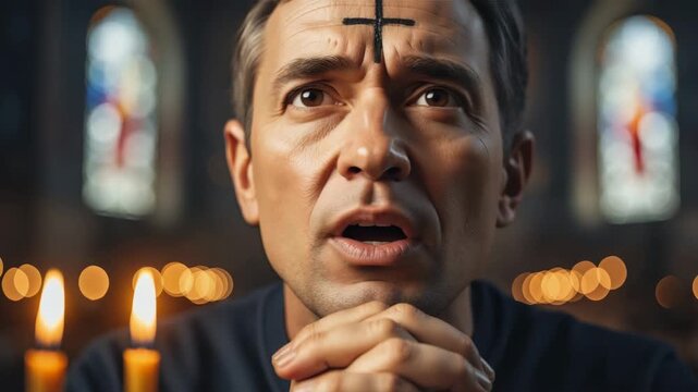 Man with ash cross on forehead praying in church. Reflecting during Lent or Ash Wednesday service. Religious devotion and spirituality concept