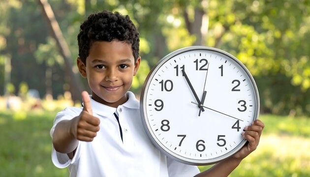 Smiling boy holding a big round clock outdoors gives a thumbs-up