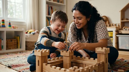 Woman with child playing with wooden castle blocks. Caring mother helping little boy with down syndrome build toy fortress. Educational early development hobby in home interior.