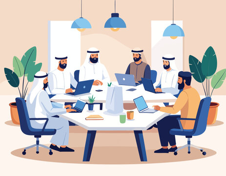 Group of Arab businessmen collaborating in a modern office meeting room.