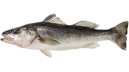 Fototapeta premium seabass. Single fresh sea bass fish isolated, food photography on white background. menu design, packaging mockups, designed for culinary blogs and recipe cards for restaurants. 