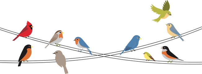 Colorful songbirds perched on power lines against clear sky, vibrant wildlife scene