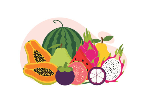 Flat style vector illustration of exotic fruit assortment including dragon fruit, mangosteen, papaya, watermelon, and citrus slices arranged in colorful fresh composition