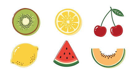 Fototapeta premium Flat style vector illustration of minimal fruit slices including kiwi, lemon, watermelon, and melon arranged in simple geometric layout with soft shadow accents