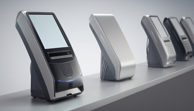 Row of modern self-service kiosks with interactive touchscreens for automated information and retail services in a futuristic high-tech environment
