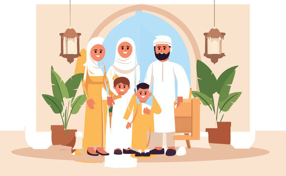 Happy Muslim Family Posing Together in Traditional Attire.