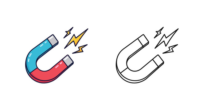 Colorful and outlined horseshoe magnet illustrations with lightning silhouette