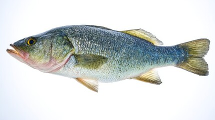 Obraz premium seabass. Single fresh sea bass fish isolated, food photography on white background. menu design, packaging mockups, designed for culinary blogs and recipe cards for restaurants. 