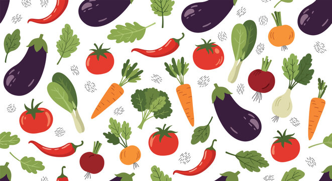 Flat style vector illustration of seamless vegetable pattern featuring eggplant, tomato, carrot, chili, and leafy greens repeated across clean background for textile design