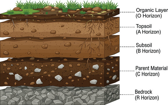 Cross-section illustration detailing the distinct layers of soil, from organic topsoil to bedrock