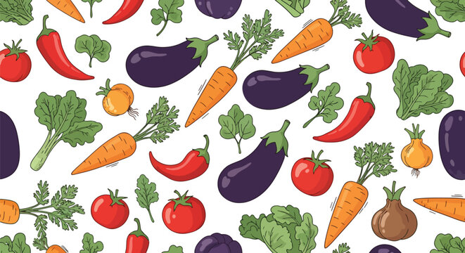 Flat style vector illustration of seamless vegetable pattern featuring eggplant, tomato, carrot, chili, and leafy greens repeated across clean background for textile design