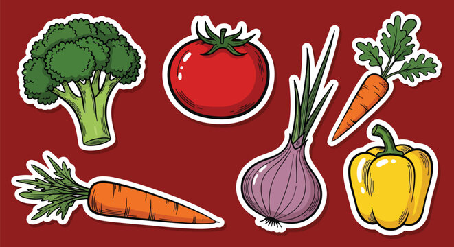 Flat style vector illustration of vegetable sticker pack featuring broccoli, tomato, carrot, onion, and bell pepper with bold outlines and white borders on bright background