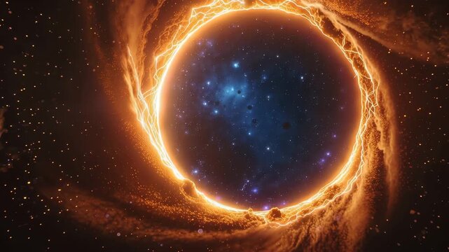 赤色巨星の風に満ちた星間嵐が時空の門へ雪崩れ込む情景