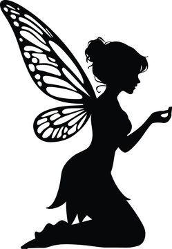 Silhouette of a fairy with detailed wings kneeling and holding an object