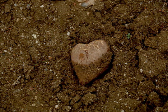 Piedra con forma de coraz&oacute;n sobre tierra marr&oacute;n, imagen simb&oacute;lica de naturaleza, amor y sencillez.