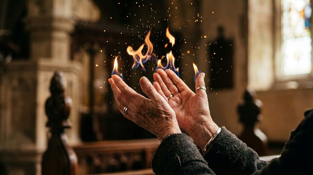 Hands of an elderly woman holding mystical flames in a church. Cinematic scene of woman with fire floating between palms. Symbolism of faith, spiritual power, magic and divine energy.