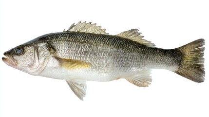 Fototapeta premium seabass. Single fresh sea bass fish isolated, food photography on white background. menu design, packaging mockups, designed for culinary blogs and recipe cards for restaurants. 
