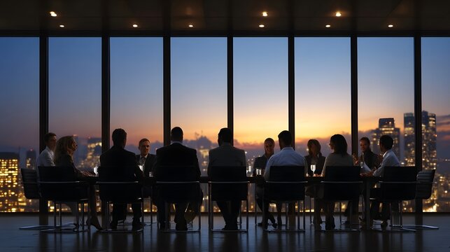 A professional group collaborates during a business meeting overlooking a vast city skyline at dusk through large