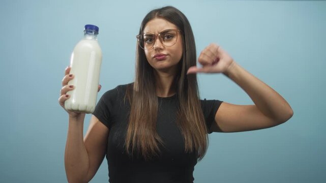 Woman wearing glasses holding milk bottle with thumb down gesture against blue studio backdrop; disapproval health concern.