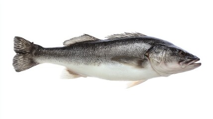 Fototapeta premium seabass. Single fresh sea bass fish isolated, food photography on white background. menu design, packaging mockups, designed for culinary blogs and recipe cards for restaurants. 