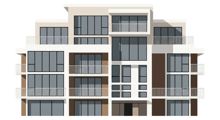 Obraz premium Modern apartment building exterior in neutral tones with large windows and balconies in daytime for real estate