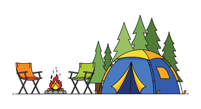 A colorful illustration depicts a campsite with a tent campfire and chairs rendered in a simple silhouette high quality professional detailed