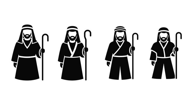 Four shepherding figures depicted in a striking black silhouette